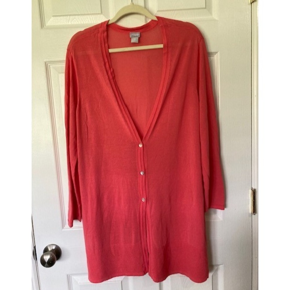 Chico's Coral Long Knit Cardigan Sz. 3 (XL 16/18) Lightweight Coastal Chic Comfy